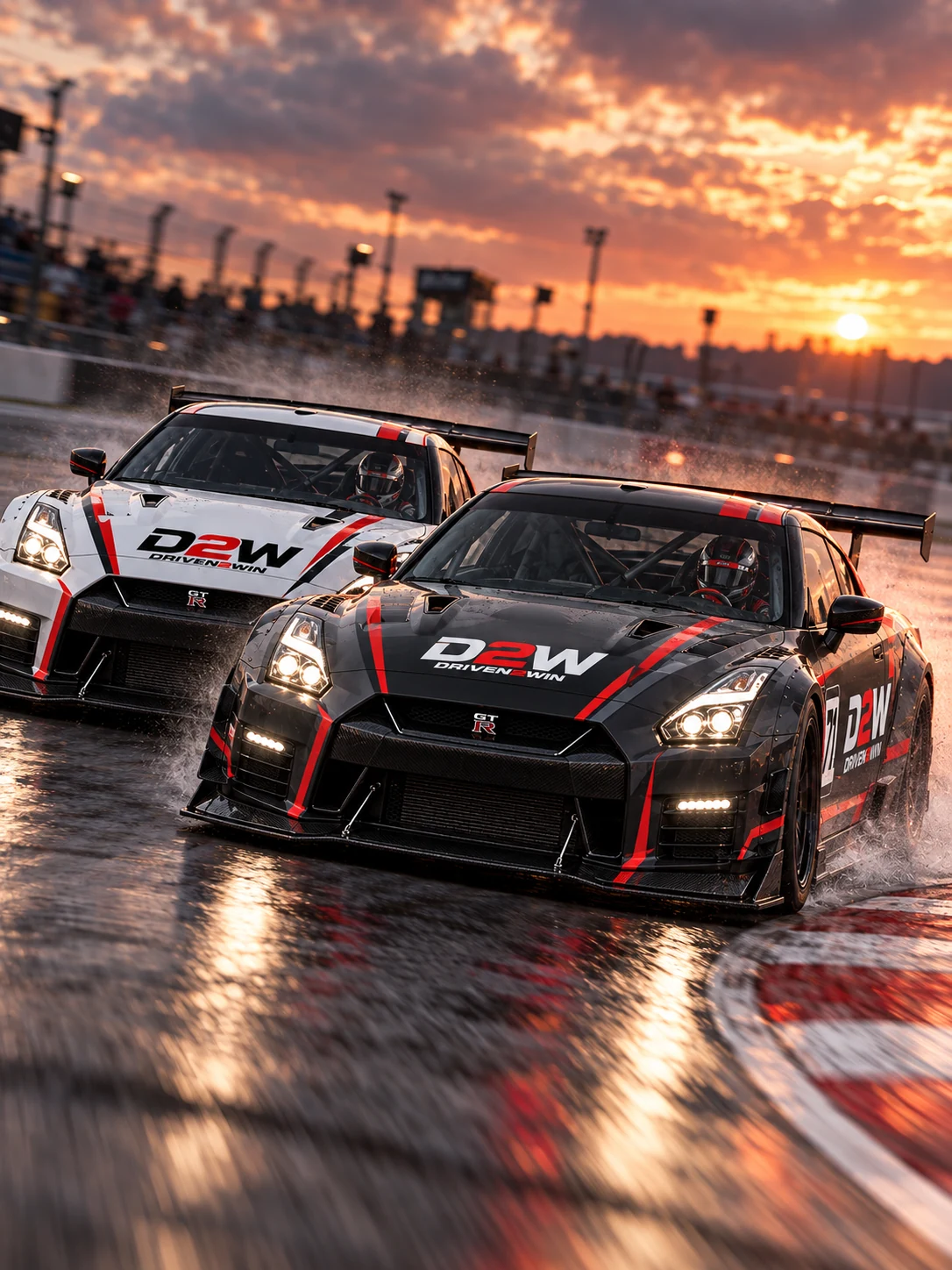 Two Driven 2 Win GT-R race cars battling on a soaked circuit