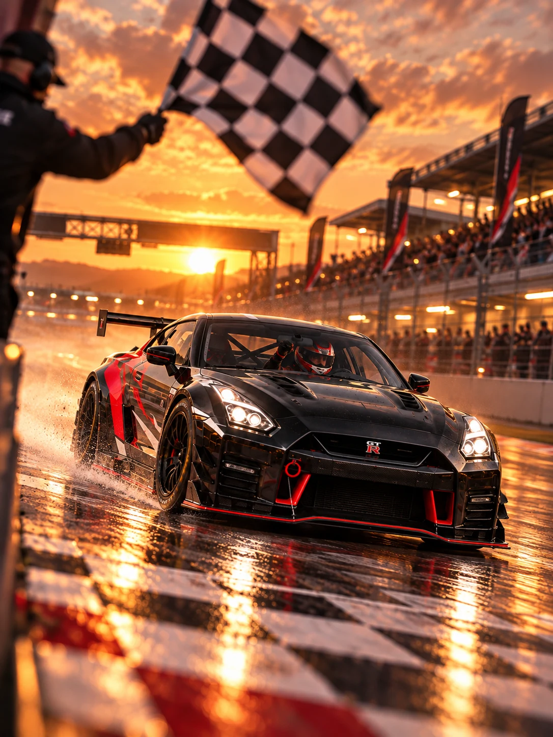 A black GT-R crossing the line as a checkered flag waves at sunset