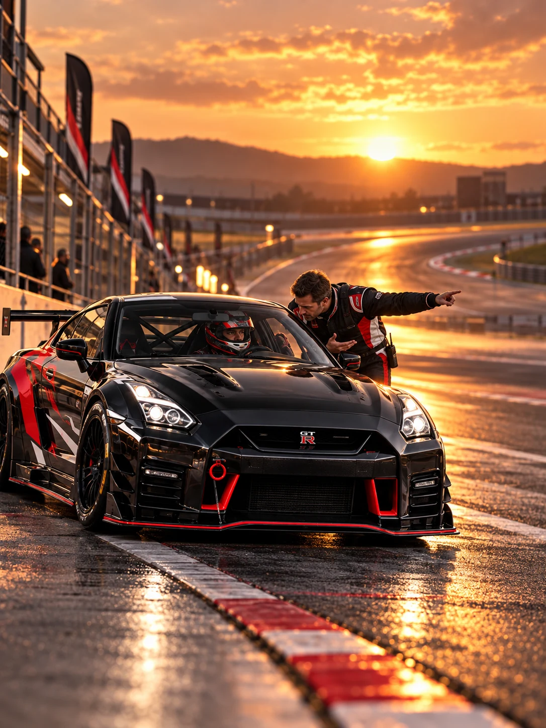 An instructor coaching a Driven 2 Win driver beside a black GT-R at sunset
