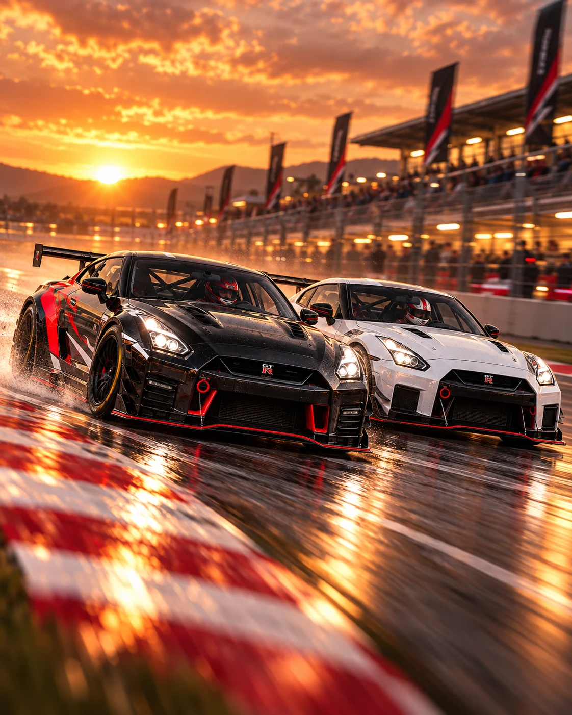 Two Driven 2 Win GT-R race cars entering the competition on a wet track