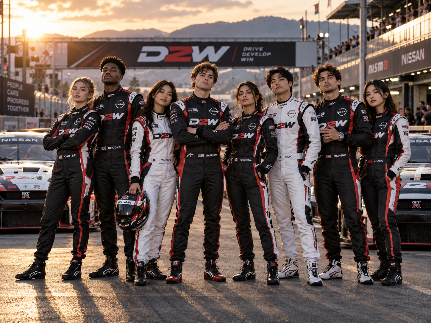 Driven 2 Win competitor lineup with GT-R race cars in the background