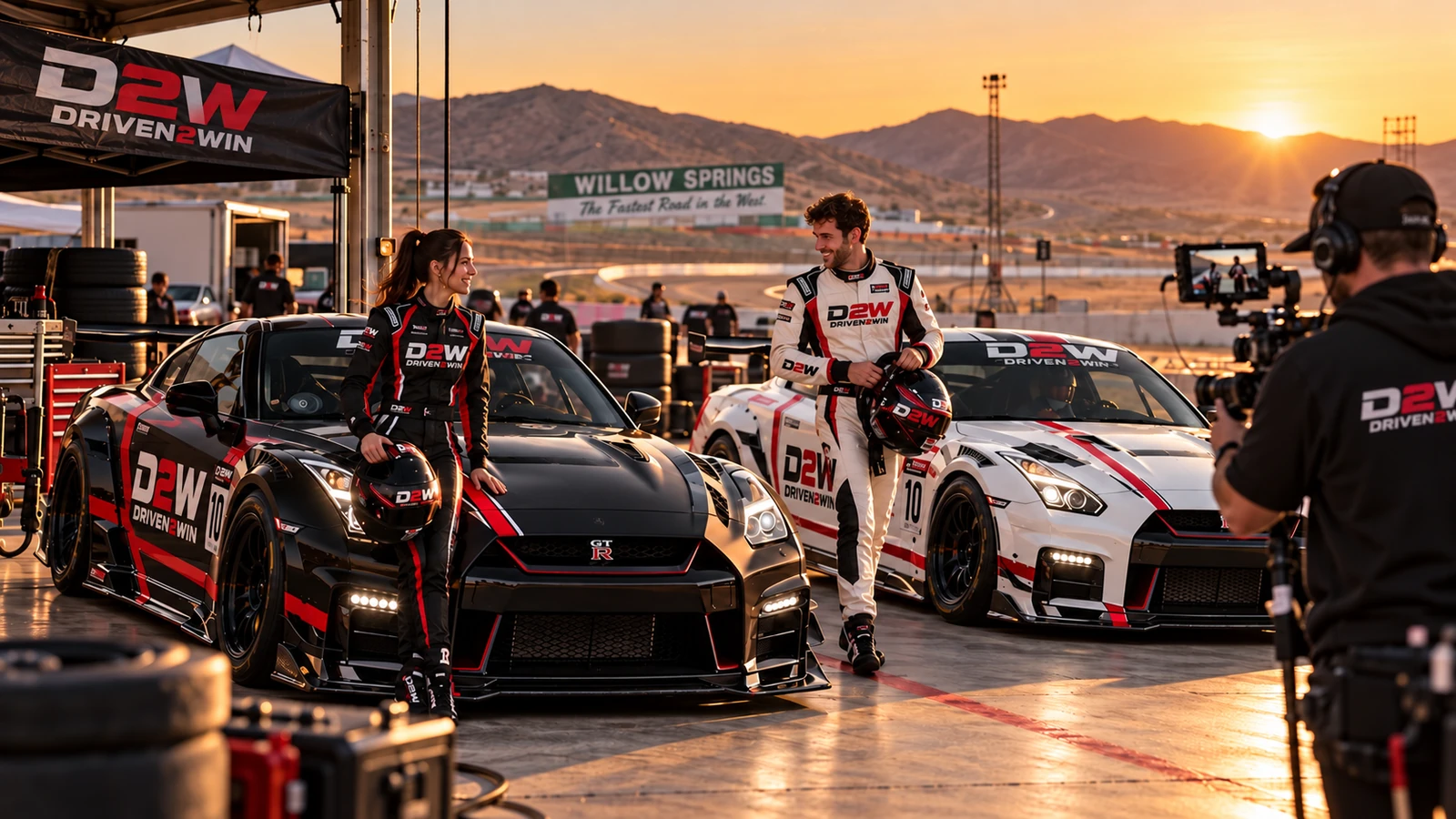 Driven 2 Win competitors and a camera operator filming in the paddock at sunset