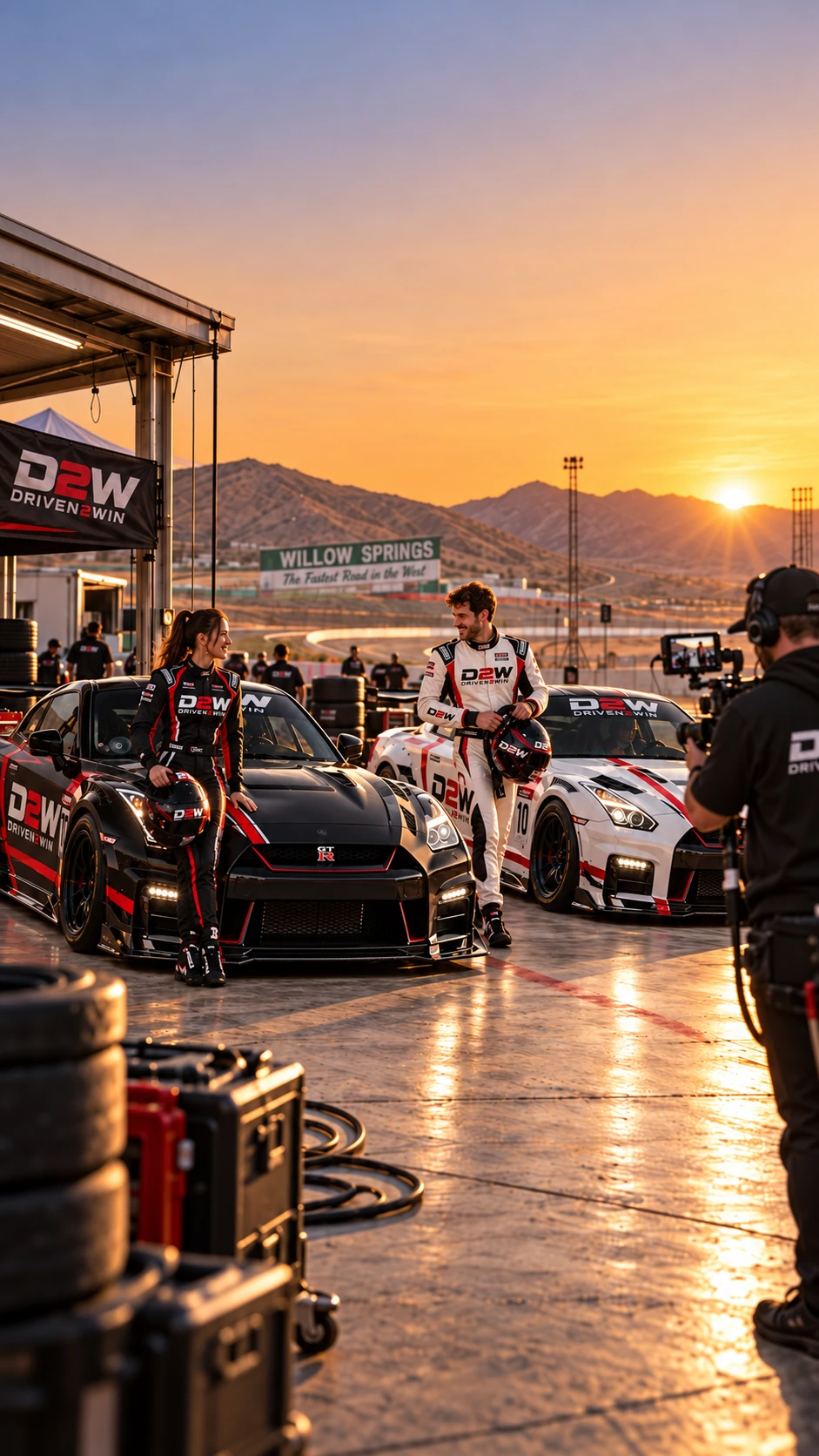 Driven 2 Win competitors and camera crew in the paddock