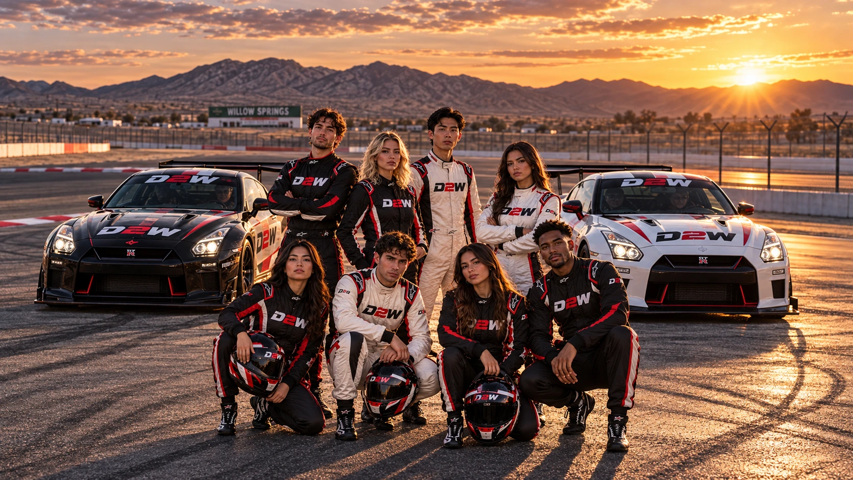 Driven 2 Win competitor lineup with GT-R race cars at sunset