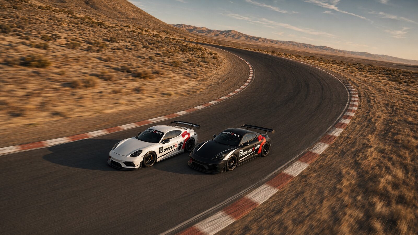 Aerial view of two Driven 2 Win spec cars racing wheel to wheel through a desert track corner