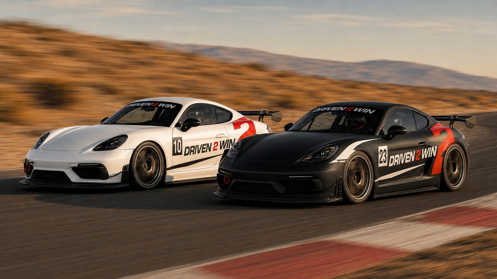 Two Driven 2 Win spec race cars, one white and one black, side by side at speed on track