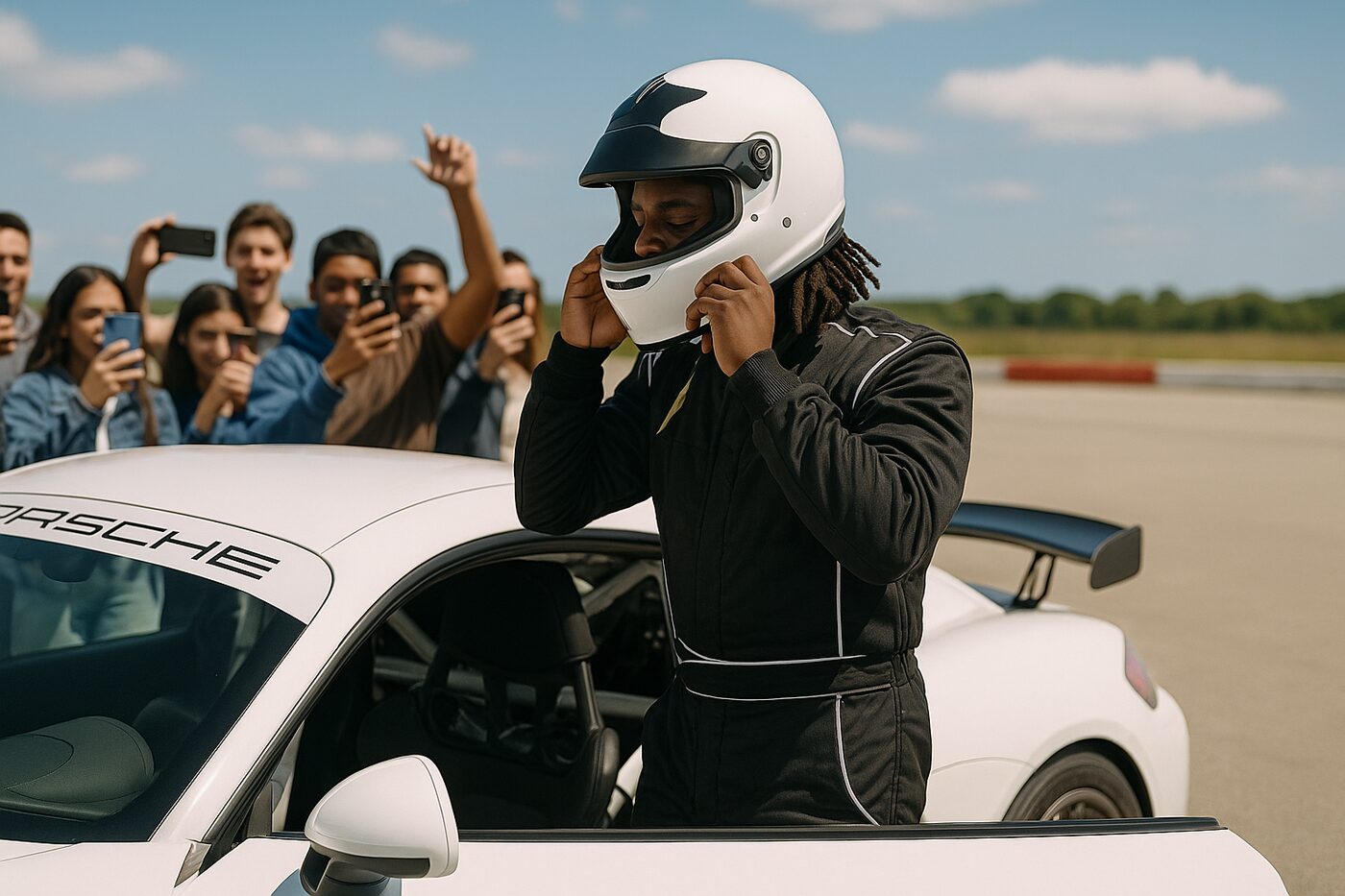 A competitor straps on a helmet at the track while fans film on their phones