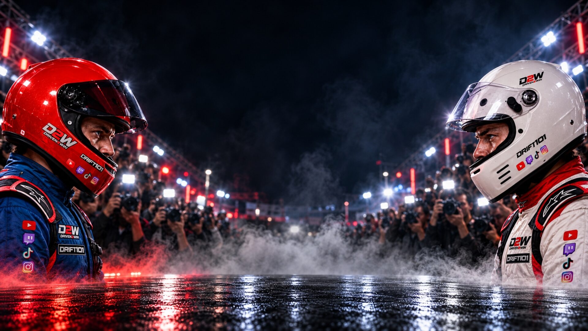 Two Driven 2 Win drivers face off helmet to helmet under the lights as the crowd films